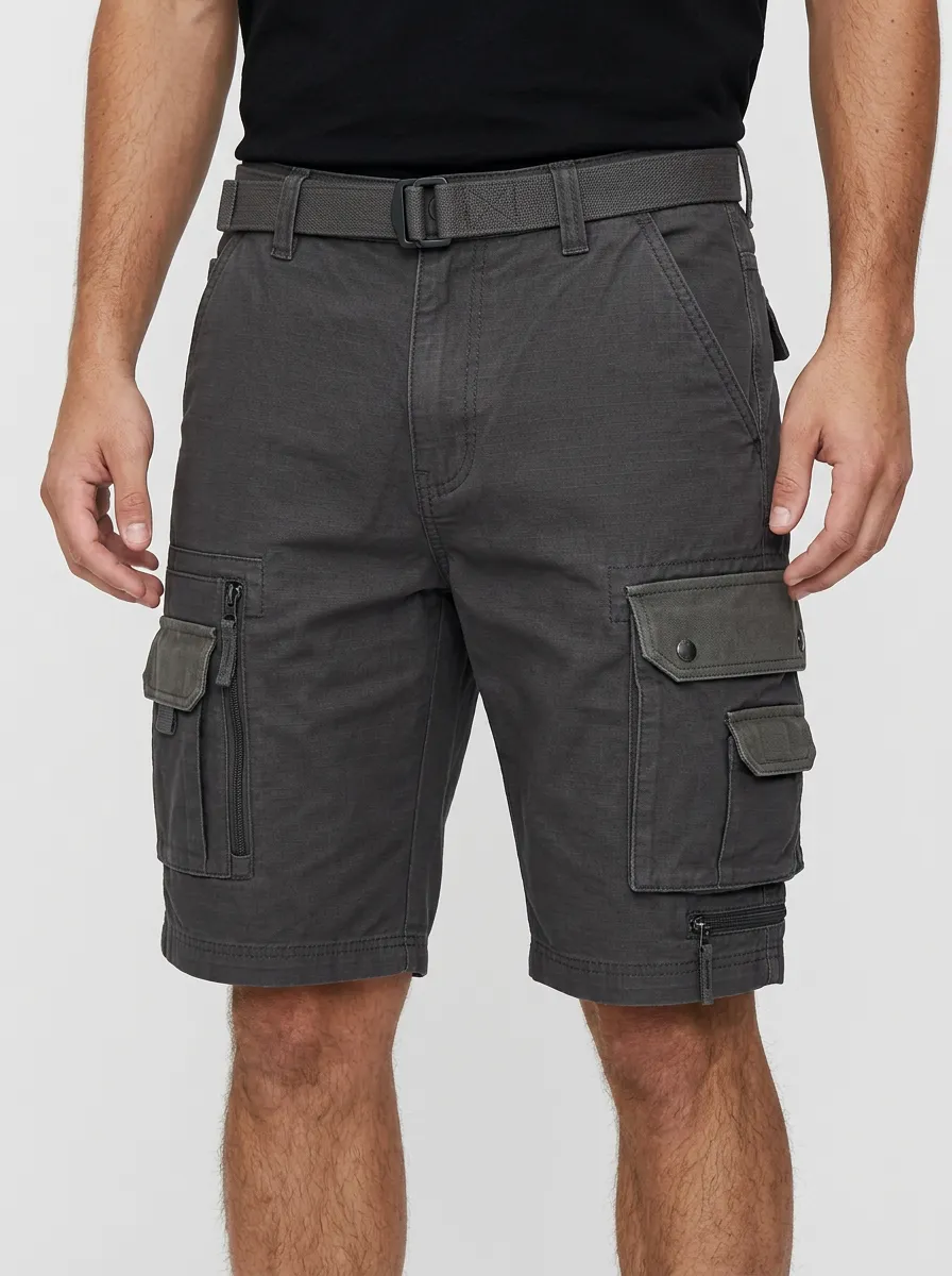 Men's Integrated Web Belt Reinforced Stitching Cargo Shorts