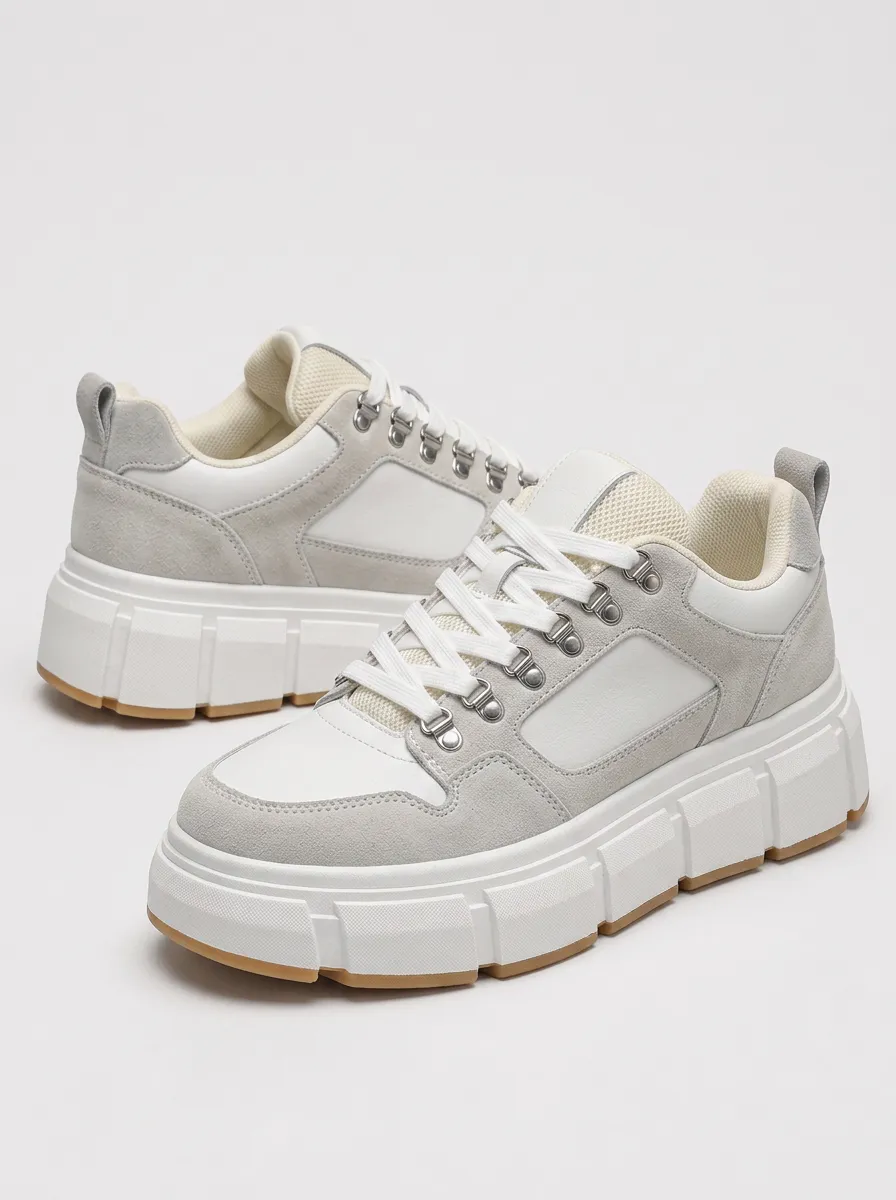 Men's Casual Grey White Suede Patchwork Chunky Platform Sneakers