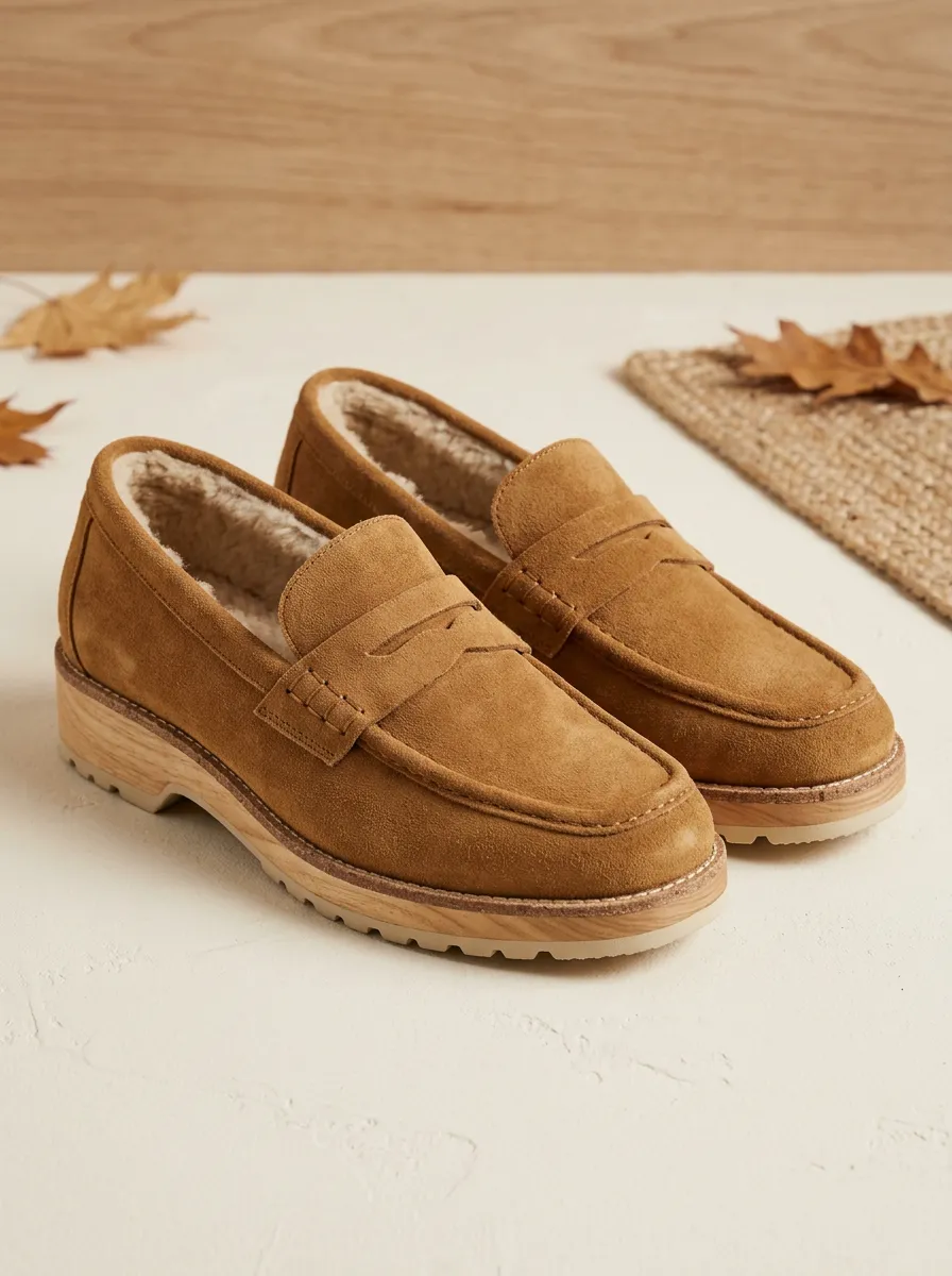 Women's Everyday Faux Fur Lined Winter Suede Wood Sole Loafers