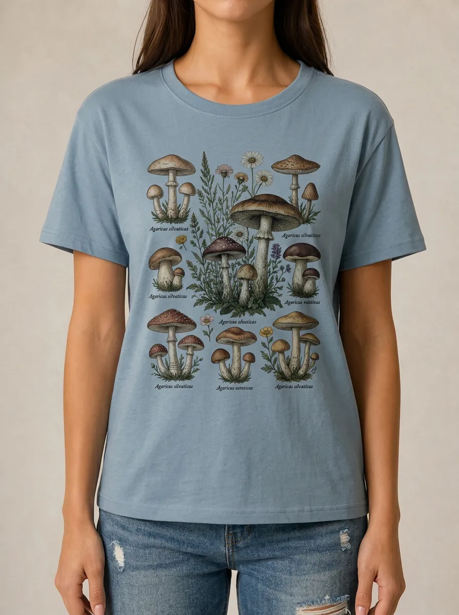 Women's Mushroom Lover Botanical Wildflower Printed T-shirt