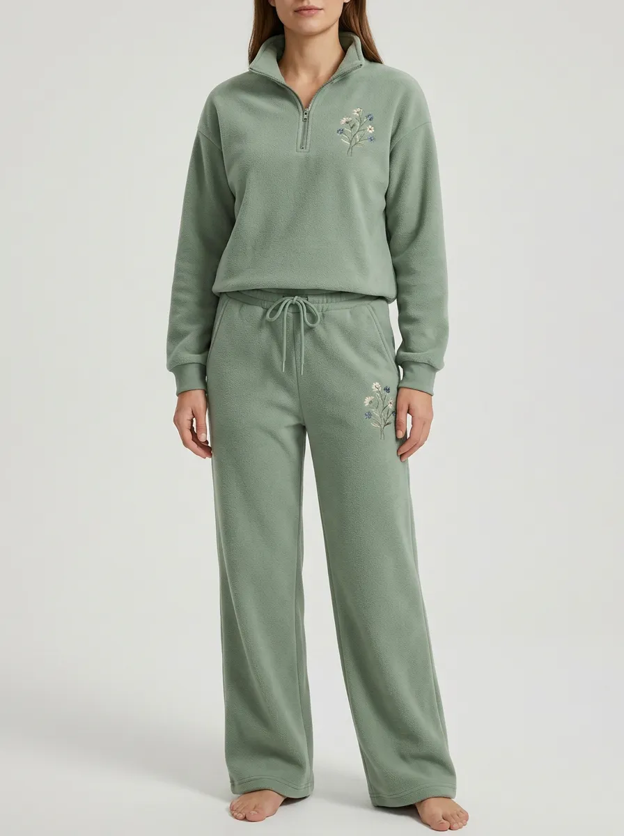 Women's Floral Embroidered Quarter-Zip Pullover And Lounge Trouser Set