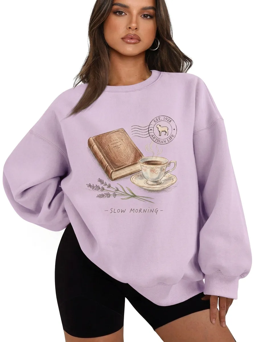 Women's Book Slow Morning Coffee Lavender Graphic Sweatshirt