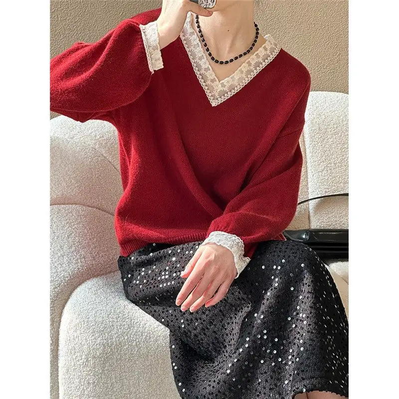 Easy-Wear Lace V Neck Lace Trim Sweater