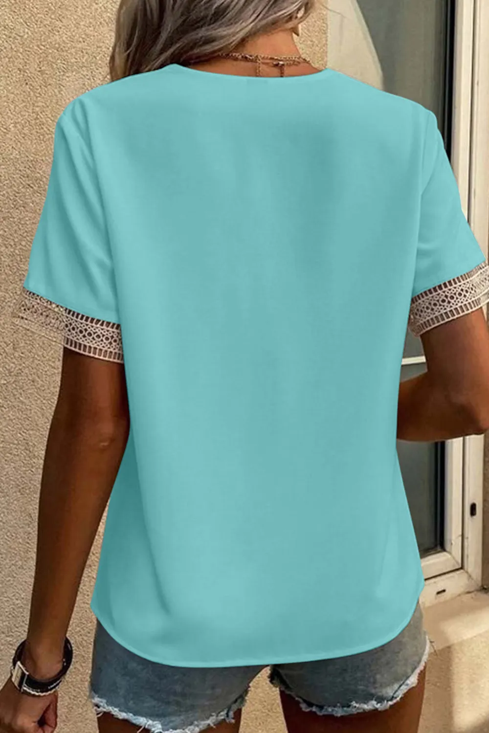 Green Lace Trim V Neck Blouse Style