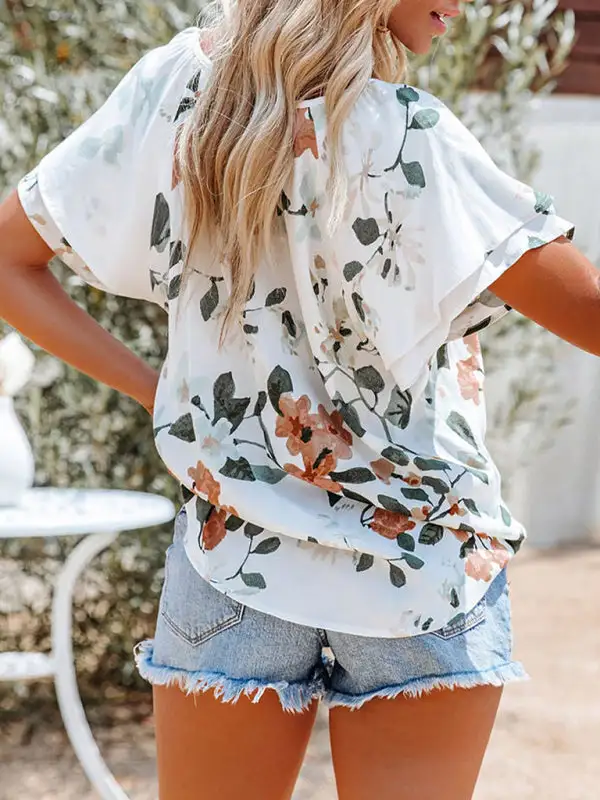 V-Neck Short-Sleeve Drop-Shoulder Relaxed-Fit Casual Shirt