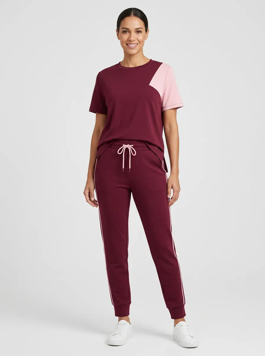 Women's Colorblock Drawstring Crewneck T-Shirt and Joggers Set