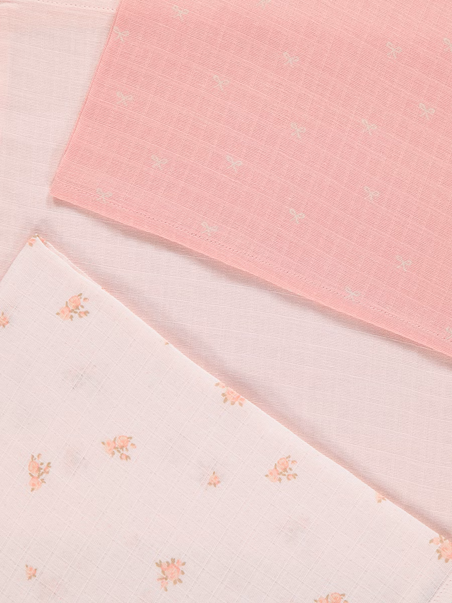 Pink Floral Bow Muslin Cloths 3 Pack detail 1
