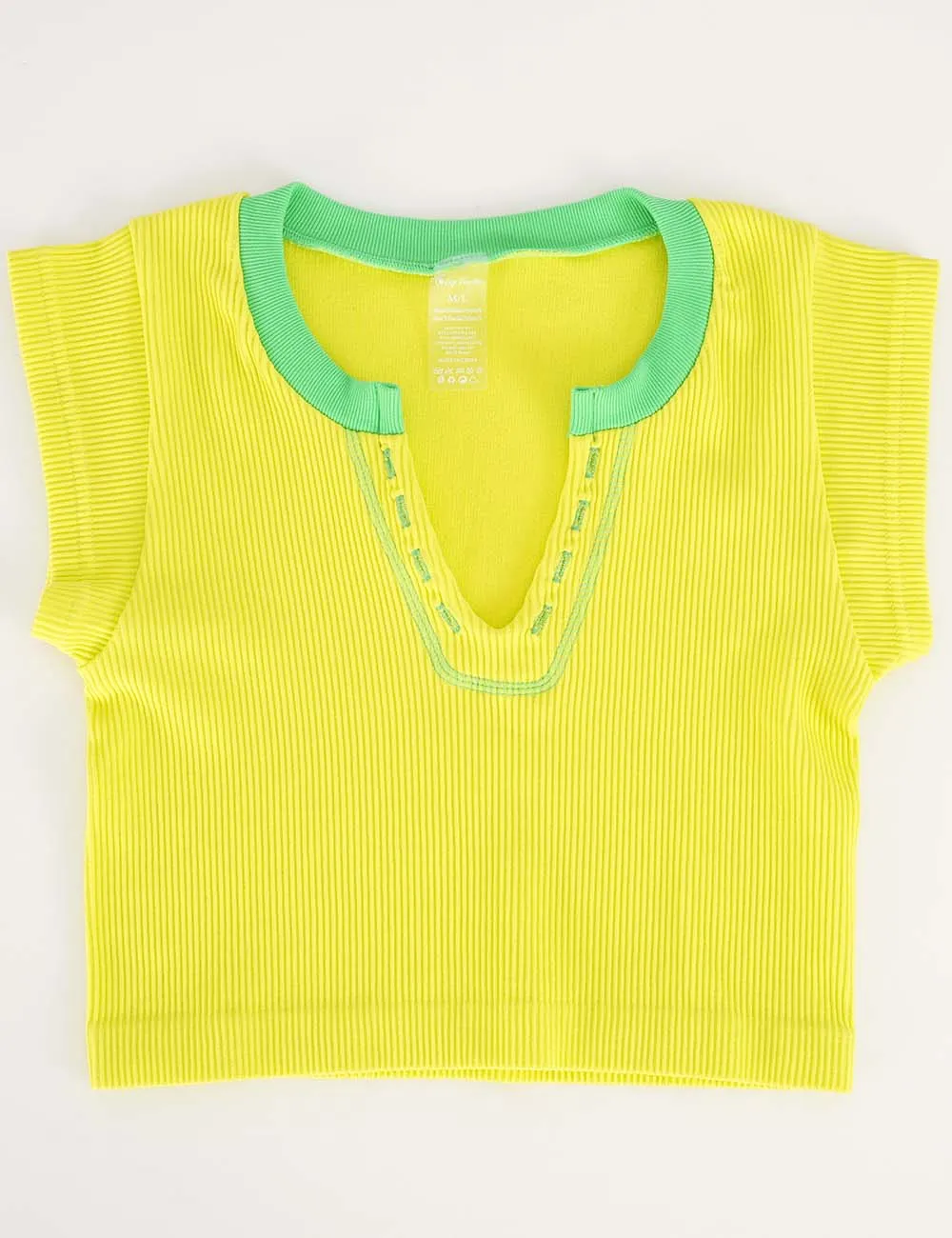 Casual Ribbed Color Block Short Sleeves Crop Top