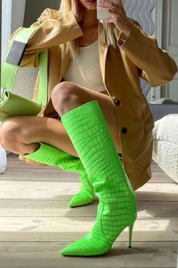Crocodile Print Pointed-Toe Boots