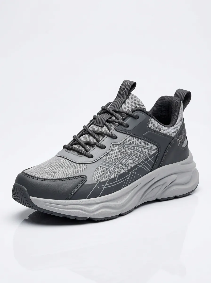 Men's Grey Paneled Mesh Lace-Up Sneakers
