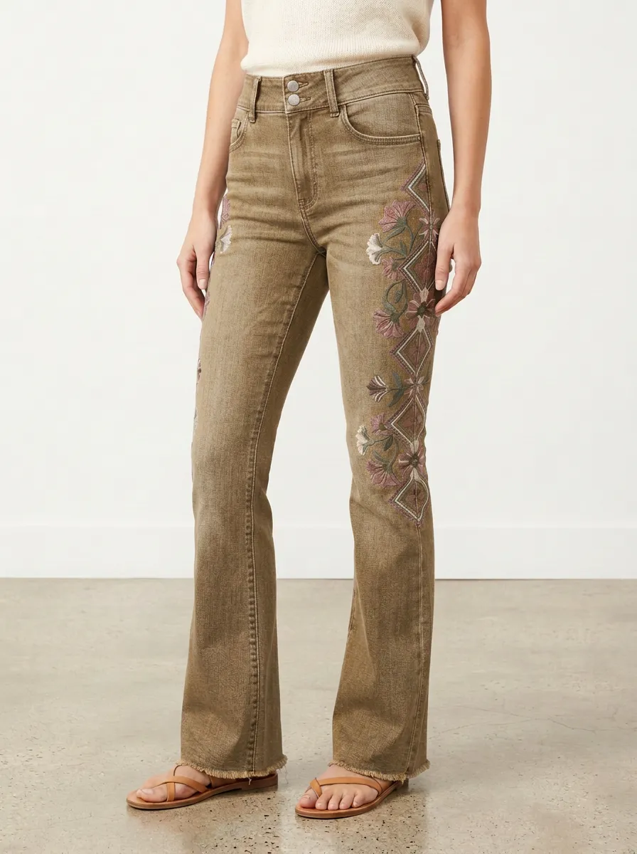 Women's Medium Wash Floral Embroidery High-Rise Flare Jeans