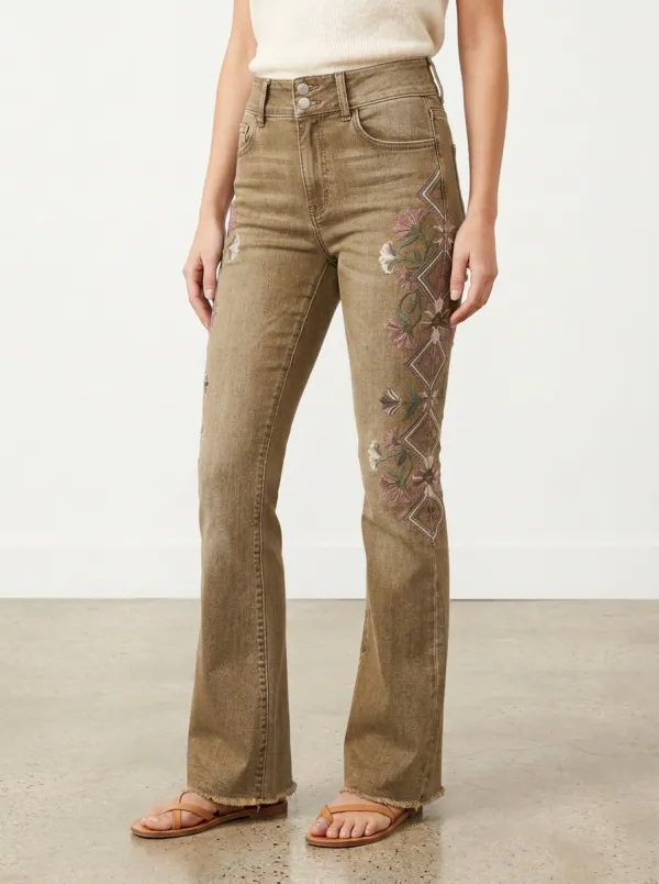 Women's Medium Wash Floral Embroidery High-Rise Flare Jeans