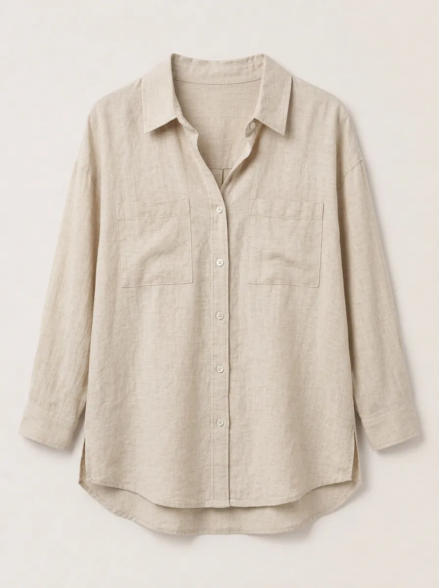 Women's Beige Button-Down Utility Shirt with Dual Pocket