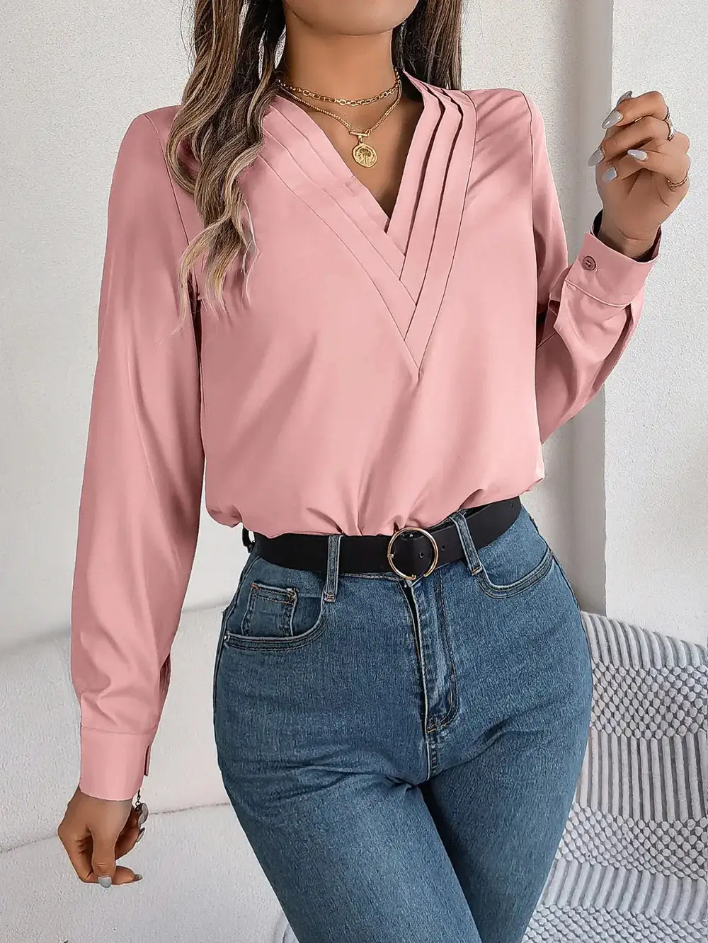 Textured V-Neck Long Sleeve Blouse
