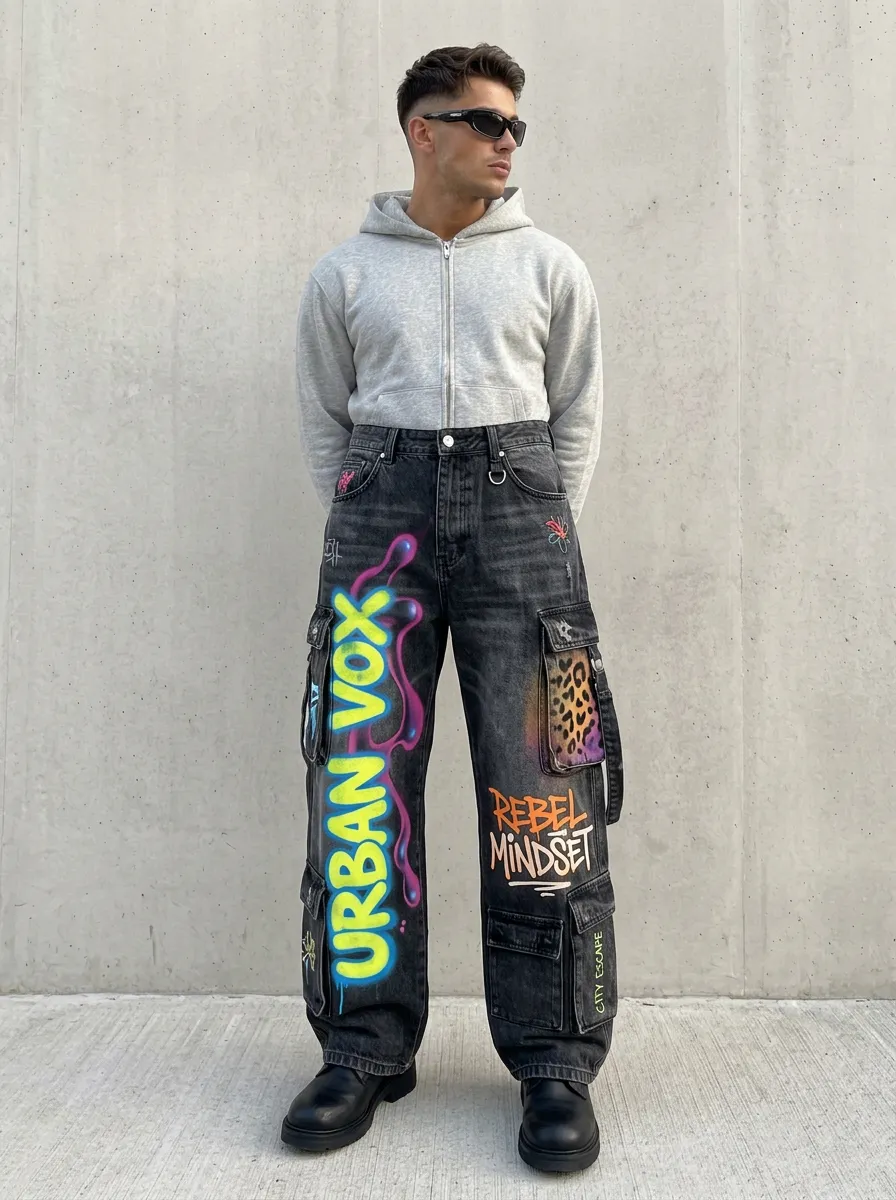Men's Streetwear Urban Vox Graffiti Leopard Graphic Cargo Jeans