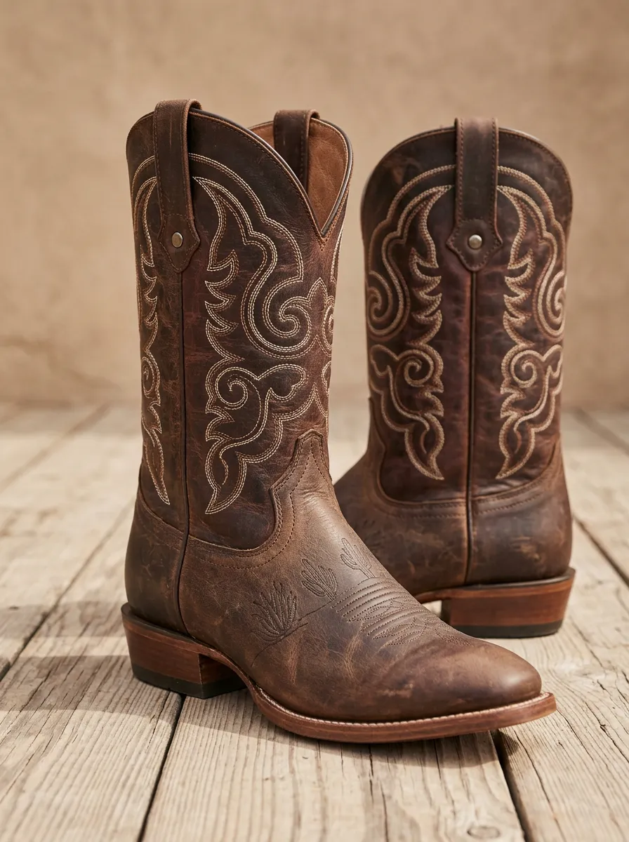 Unisex Western Tonal-Embroidery Almond-Toe Mid-Calf Pull-Tab Vamp-Stitch Cowboy Boots