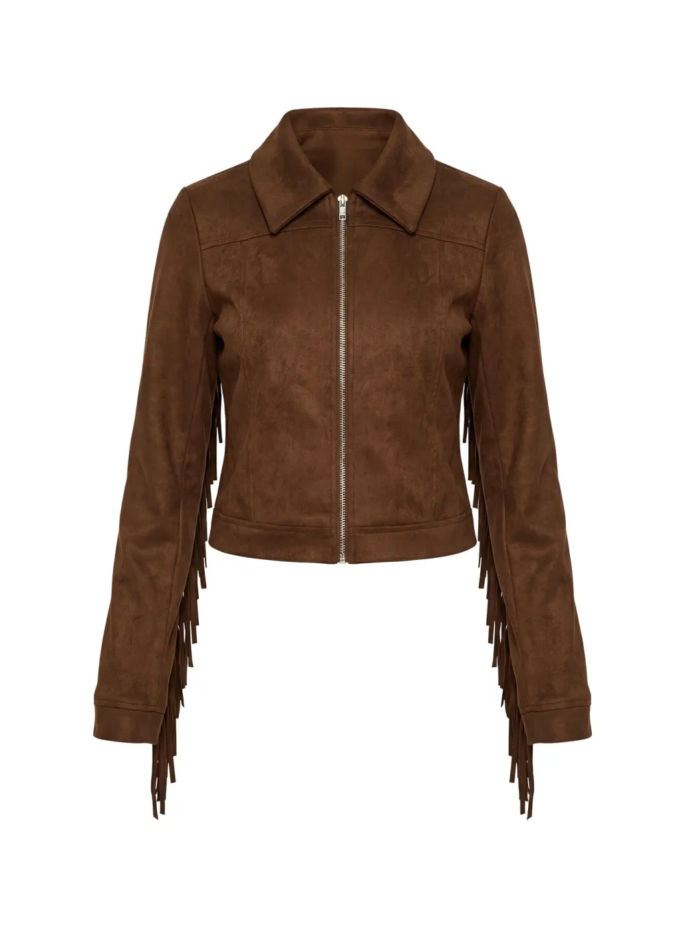 Chocolate Brown Faux Suede Fringe Collared Jacket