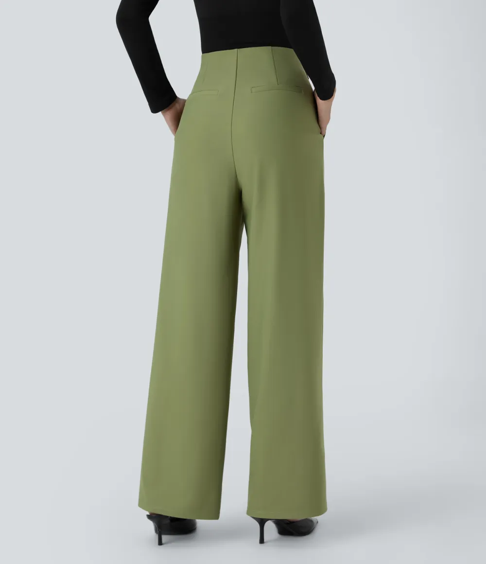  High Waisted Decorative Button Plicated Side Pocket Straight Leg Twill Work Pants