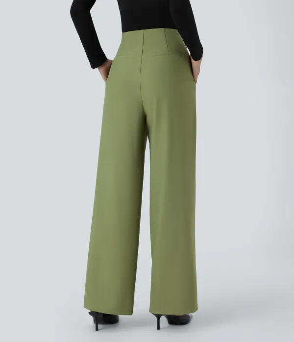  High Waisted Decorative Button Plicated Side Pocket Straight Leg Twill Work Pants