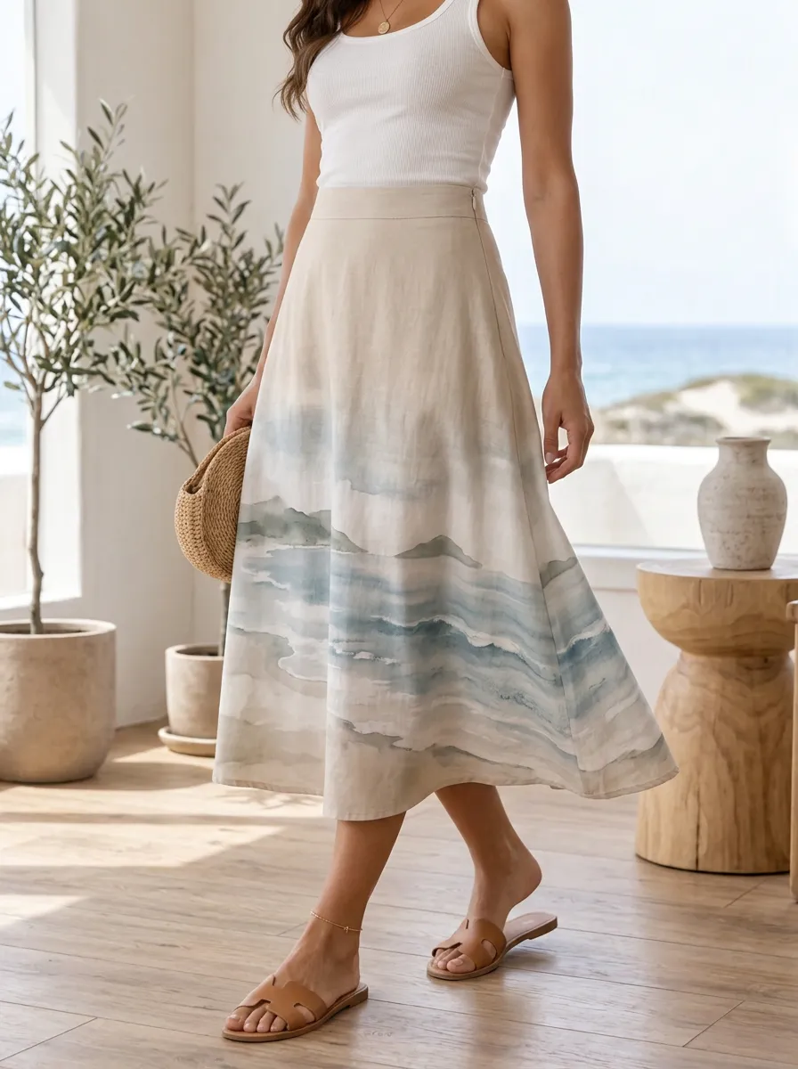 Women's Beach Lover Ocean Landscape Watercolor Printed A-line Skirt