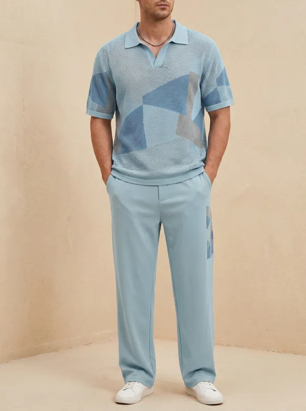 Men's Geometric Colorblock Pattern Knitted Polo and Pants Casual Set