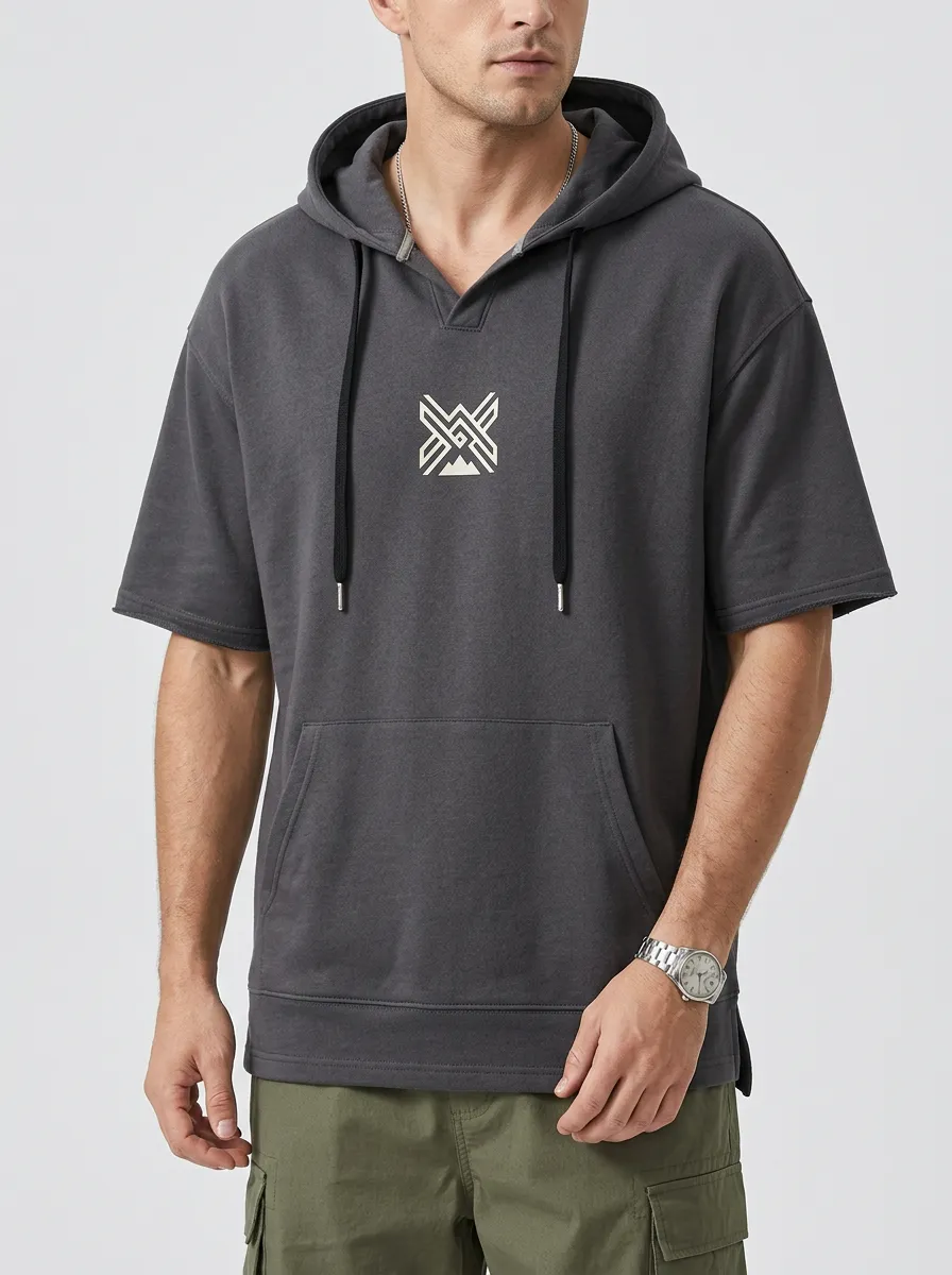 Classic Short Sleeve Mountain Graphic Geometric Casual Look Men's Hoodie