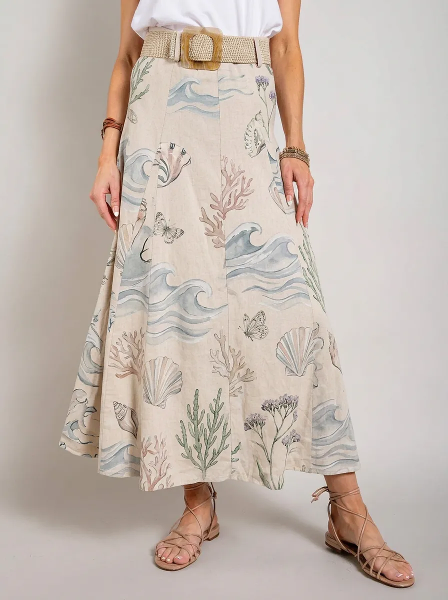 Women's Beach Ocean Lover Seashell Coral Wave Printed Maxi Skirt