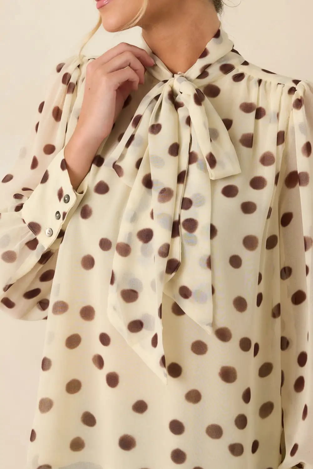 Tie-Neck Long-Sleeve Bow-Detail Polka-Dot Blouse