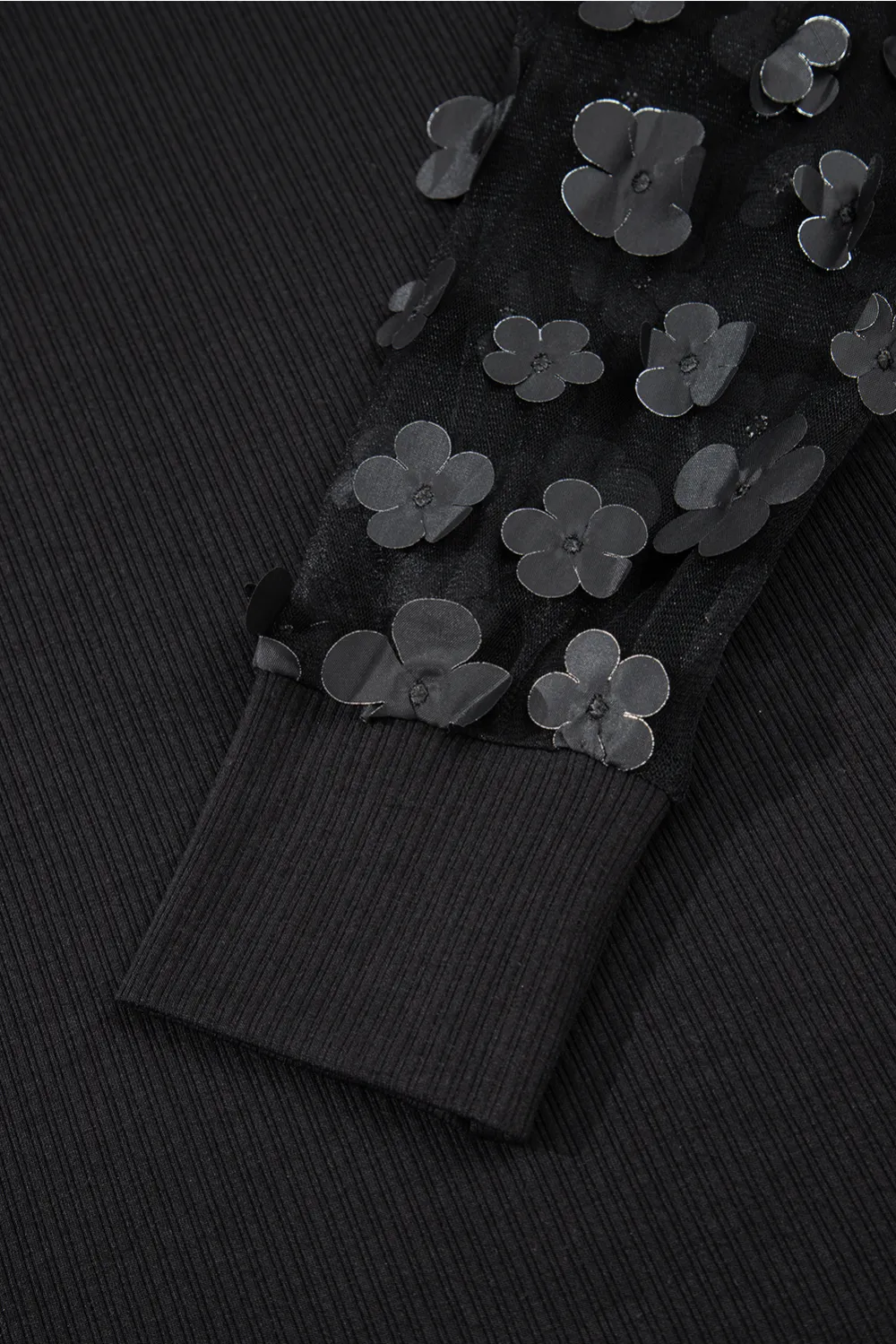 Black Flower Applique Mesh Long Sleeve Blouse