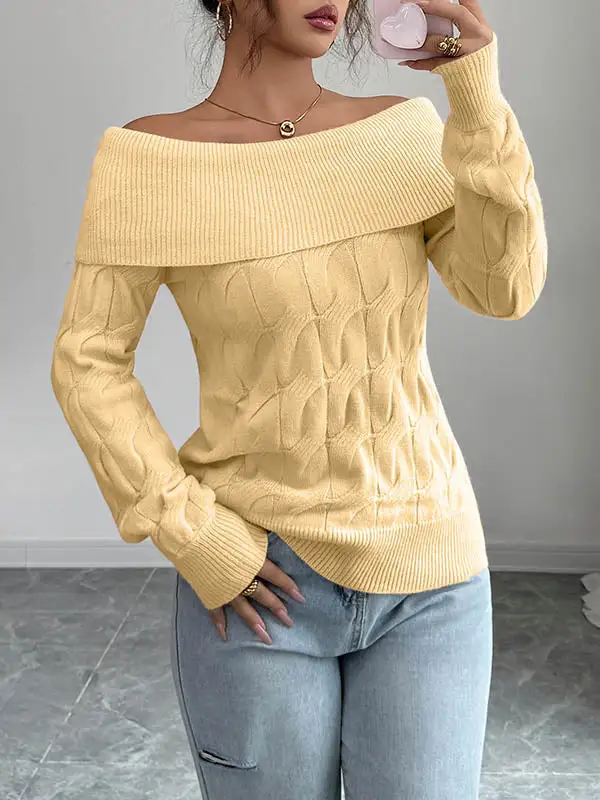 Paneled Off Shoulder Long Sleeve Pullover Sweater