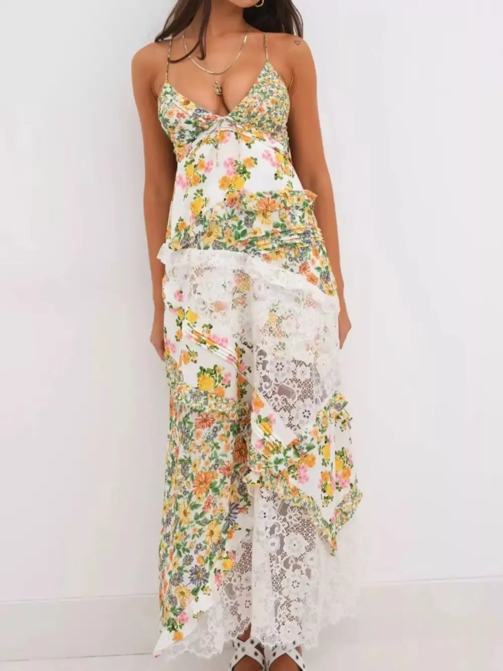 Floral Lace V Neck Maxi Dress