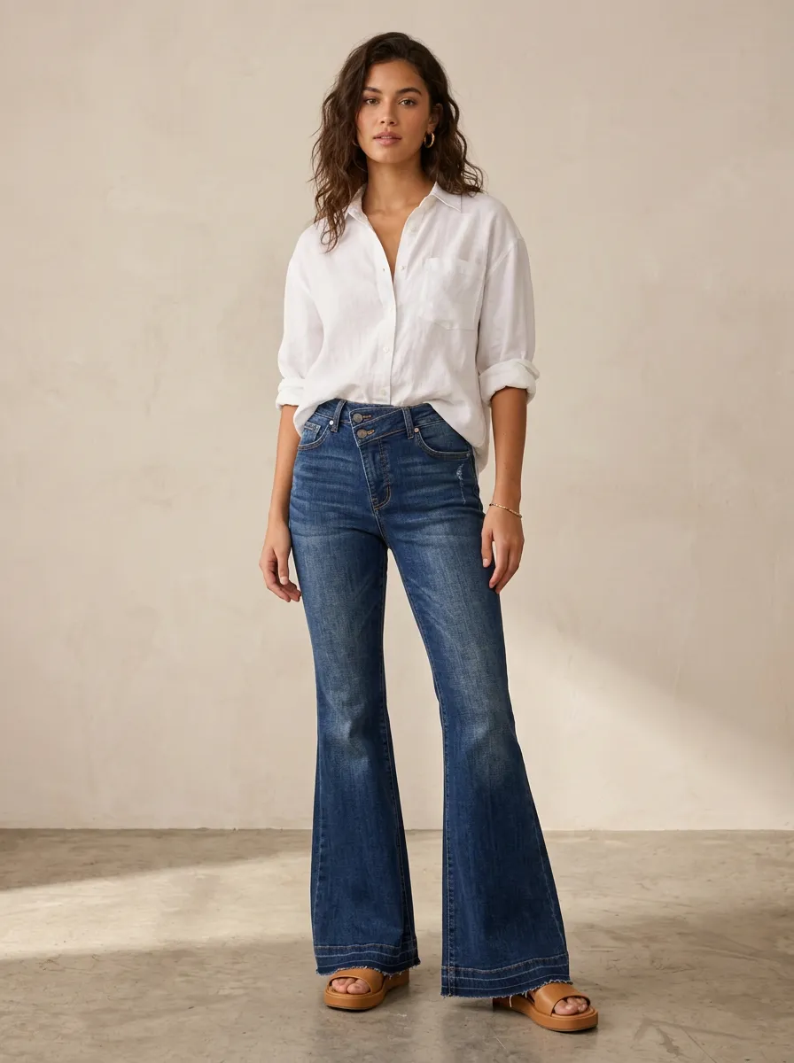 Women's High-Waisted Crisscross Waist Distressed Flare Jeans