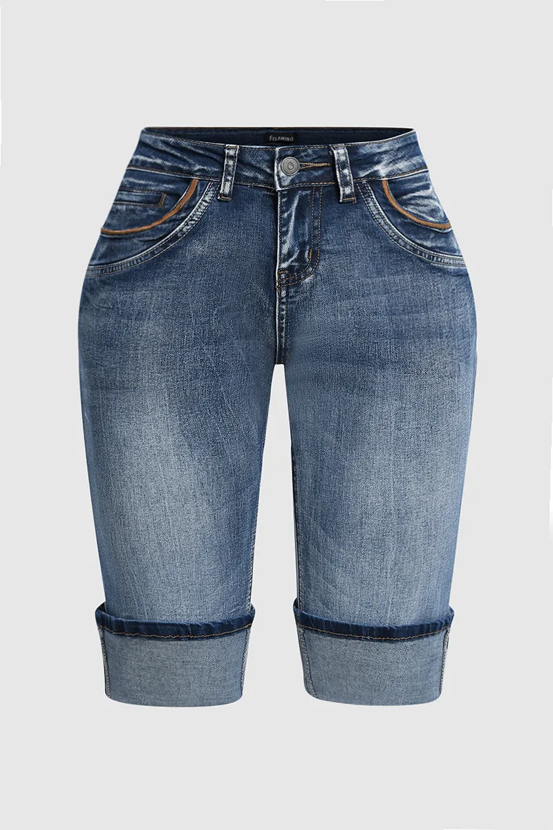 Cuffed Hem Low Rise Bermuda Denim Shorts Without Belt