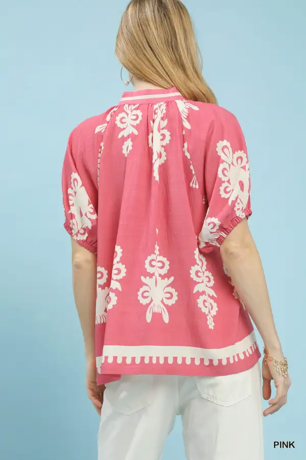 Boho Print Split-Neck Short Sleeve Top With Ruched Detail