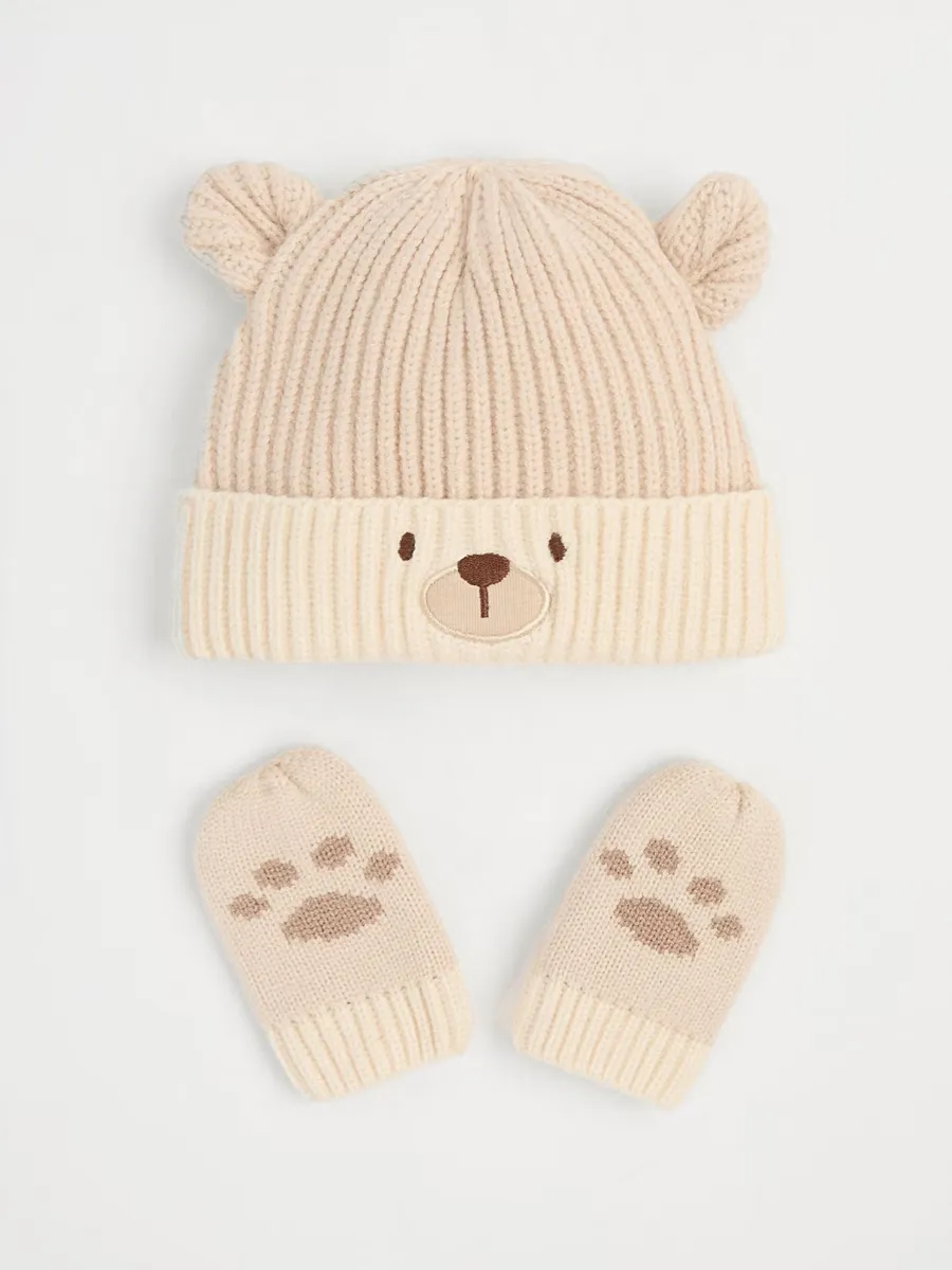 Beige Bear Knitted Hat and Mittens