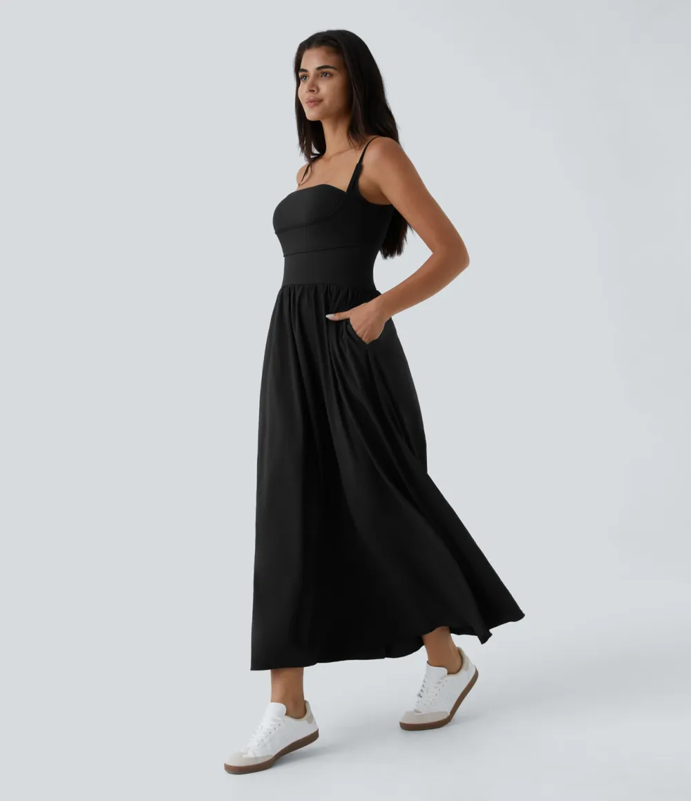 Breezeful Backless Side Pocket Plicated Flowy Flare Maxi Quick Dry Casual Slip Dress