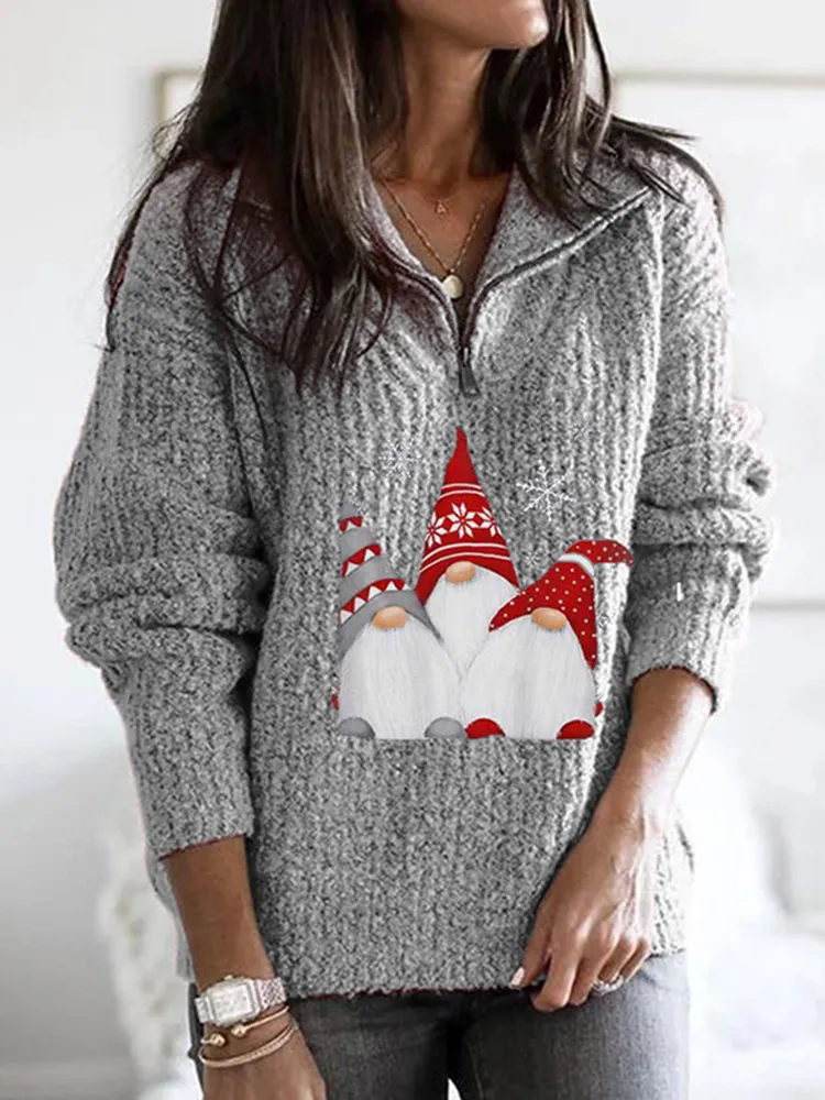 Santa Print Zipped Long Sleeve Knitted Sweater