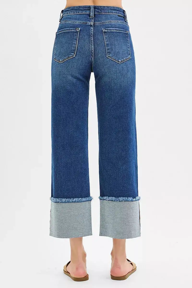 Mid Rise Wide Leg Cuffed Denim Jeans