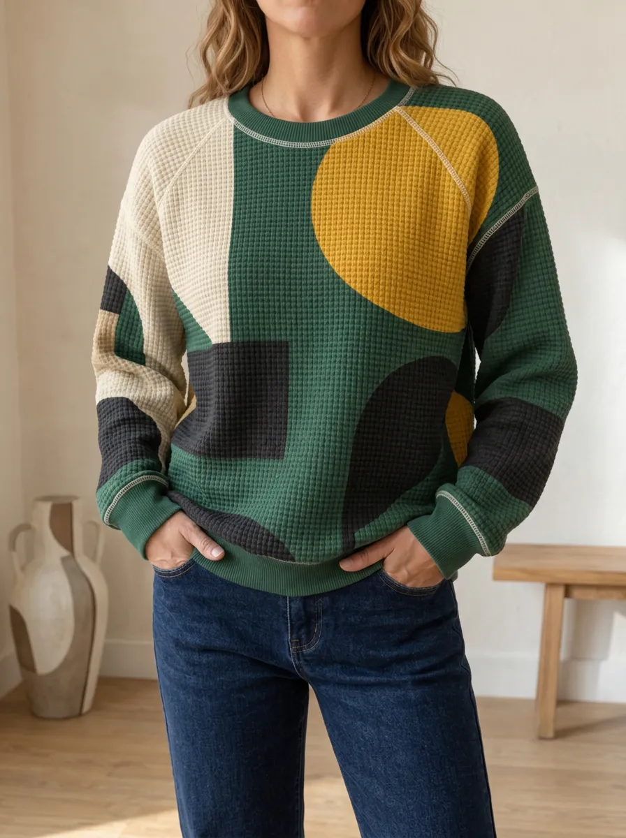 Women's Abstract Geometric Pattern Illustrated Waffle Knit Crewneck Sweatshirt