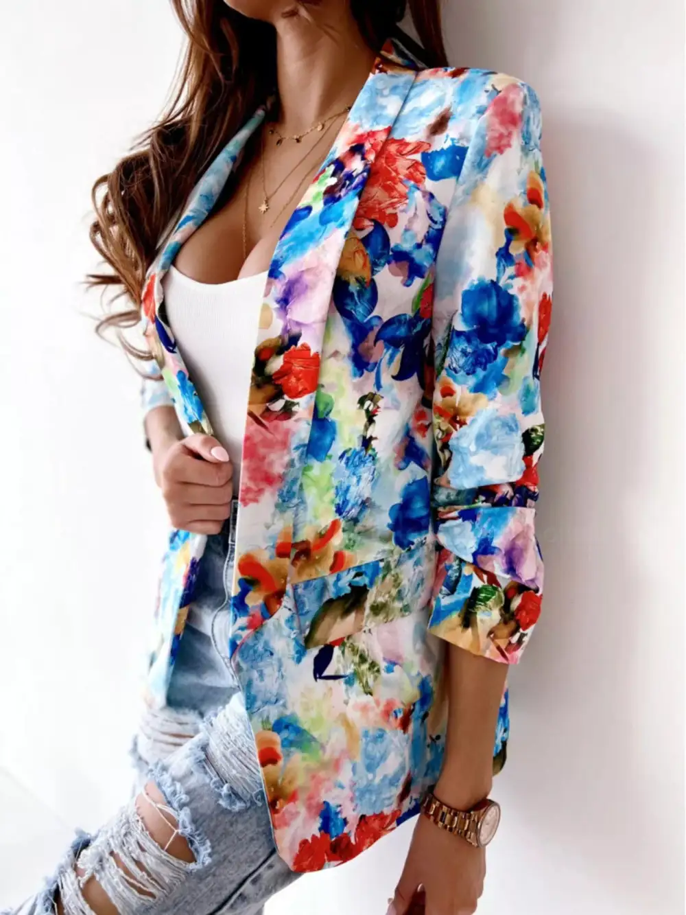 Open-Front Floral-Print Blazer