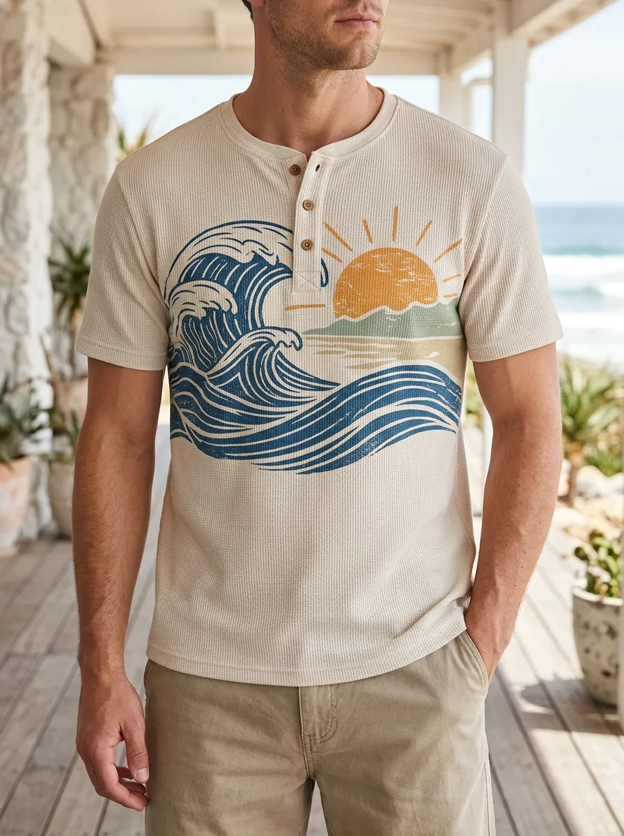Men's Classic Beach Lover Ocean Wave Sun Henley T-Shirt