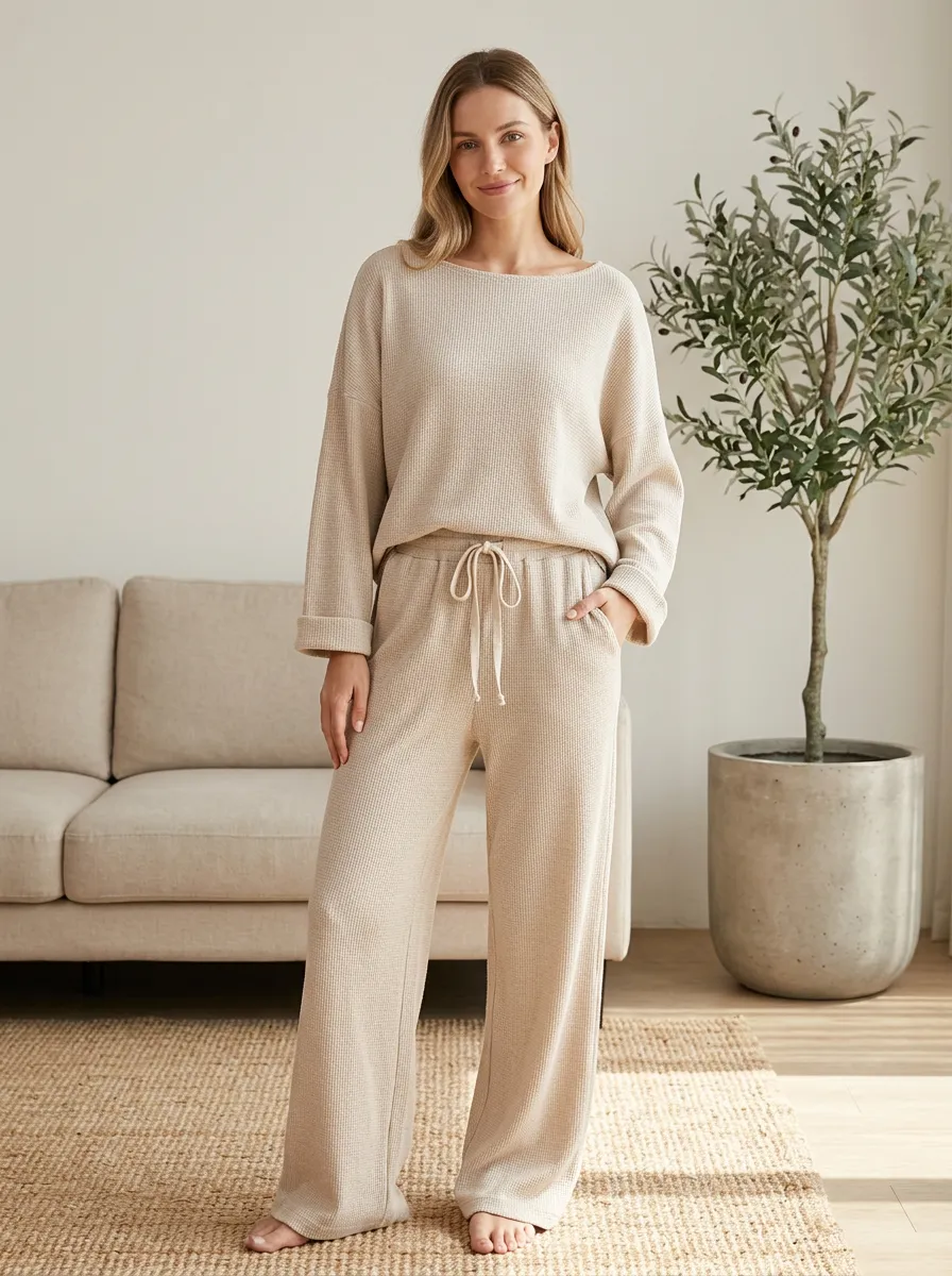 Women's Casual Loungewear Beige Waffle Knit Drawstring Lounge Set