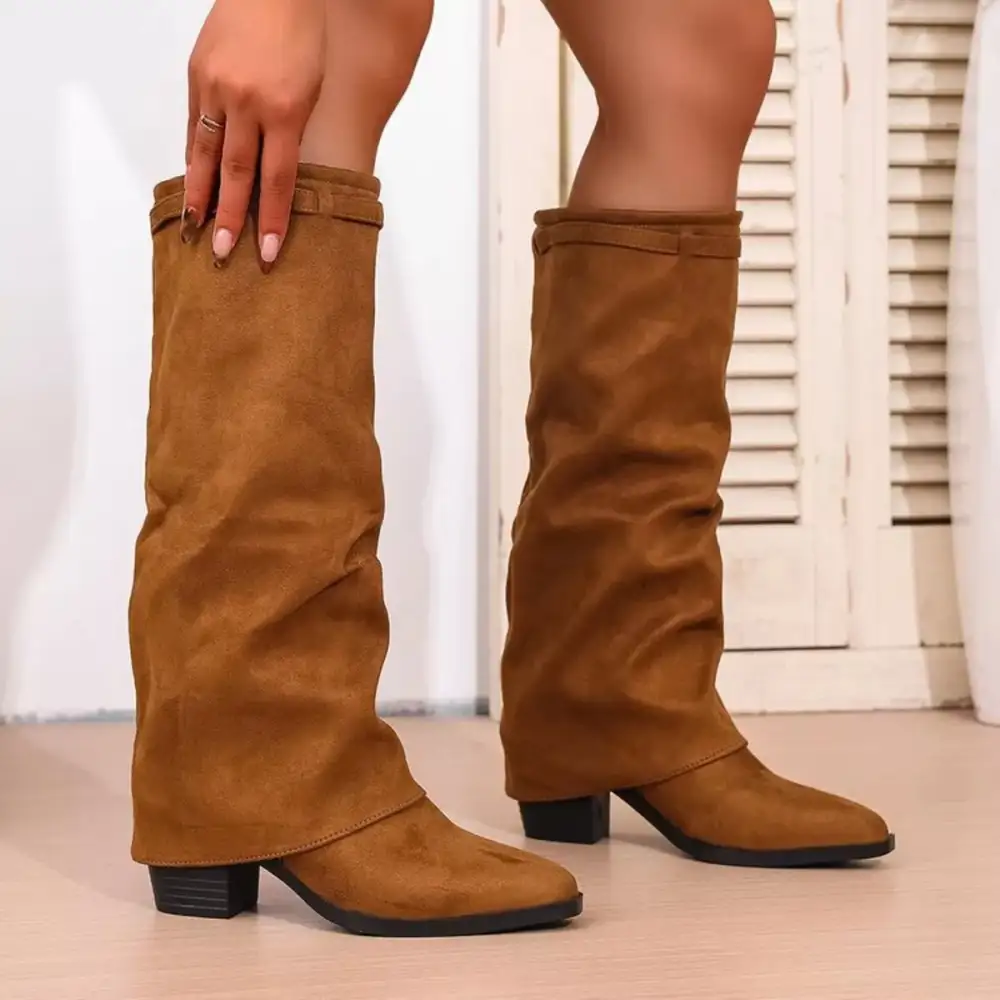 Textured Pointed Toe Block Heel Boots