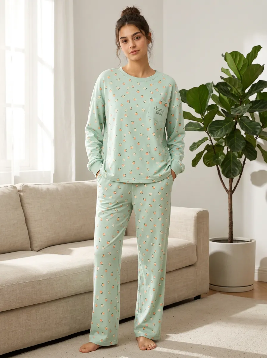 Women's Peach Print Loungewear Set with Chest Pocket
