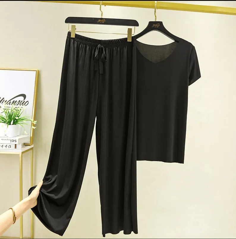 (💥48 % OFF)Soft Comfortable Ice Silk Short Sleeve T-Shirt Two Piece Set Loose Wide-leg Pants
