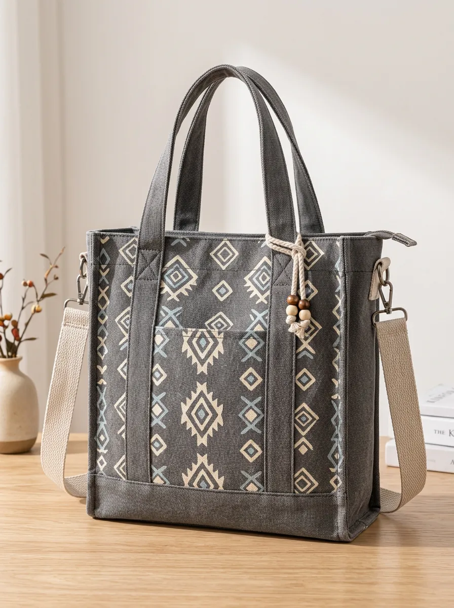 Women's Geometric Boho Top Handle Printed Canvas Shoulder Tote Bag
