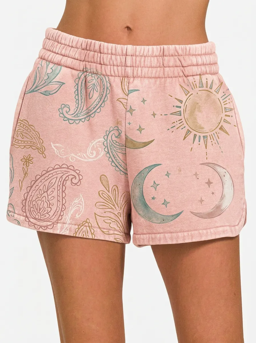 Women's Boho Celestial Sun Moon Paisley Coastal Graphic Shorts