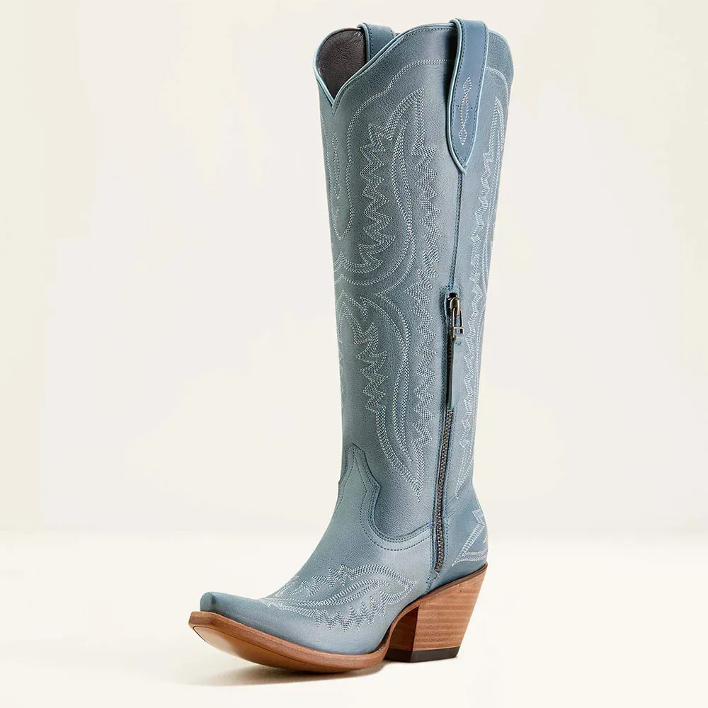 Classic Faux-Leather Embroidered Zip-Up Snip-Toe Knee-High Boots