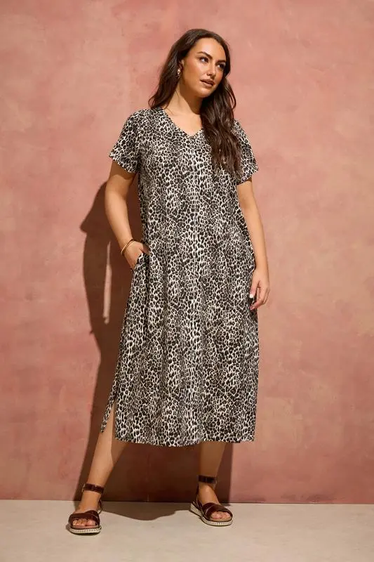 Natural Brown Leopard Print Cotton Dress