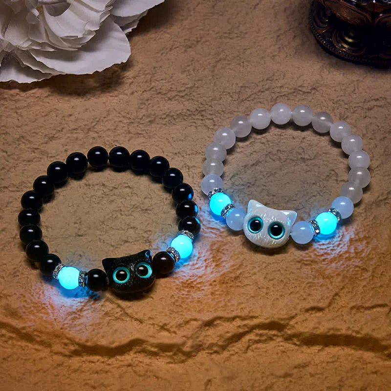Jade Obsidian Cute Cat Head Beaded Bracelet